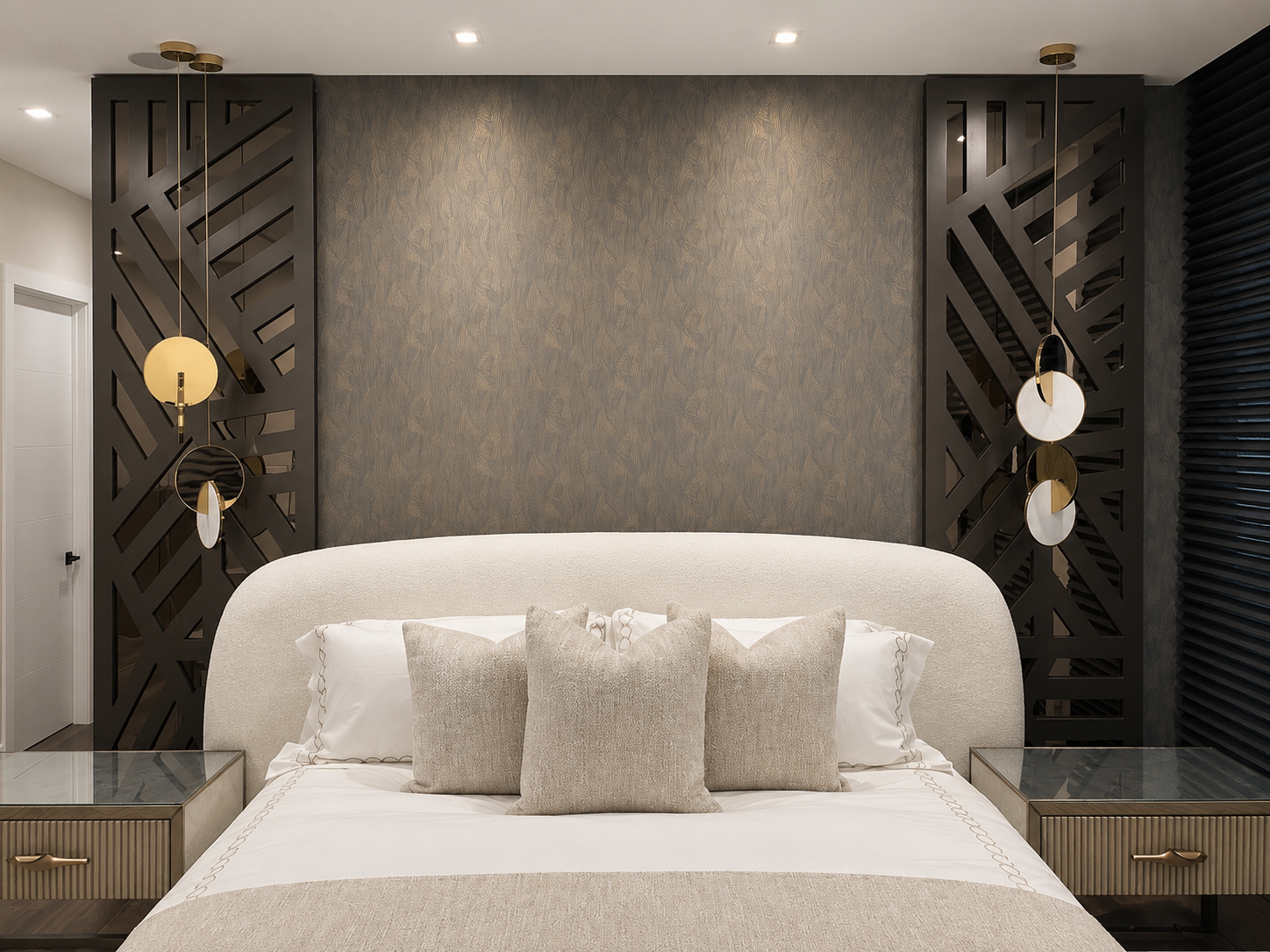 Primary bedroom with laser-cut metal screens, boucle headboard and pendant lighting