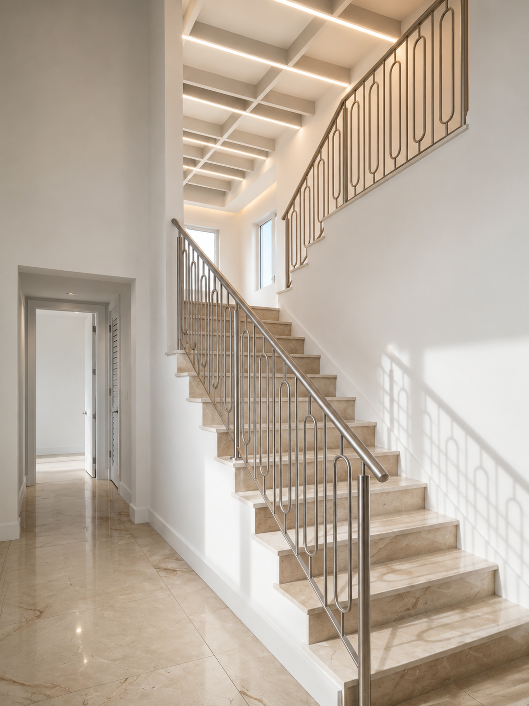 Bright marble staircase with slim looped steel balusters and coffered ceiling