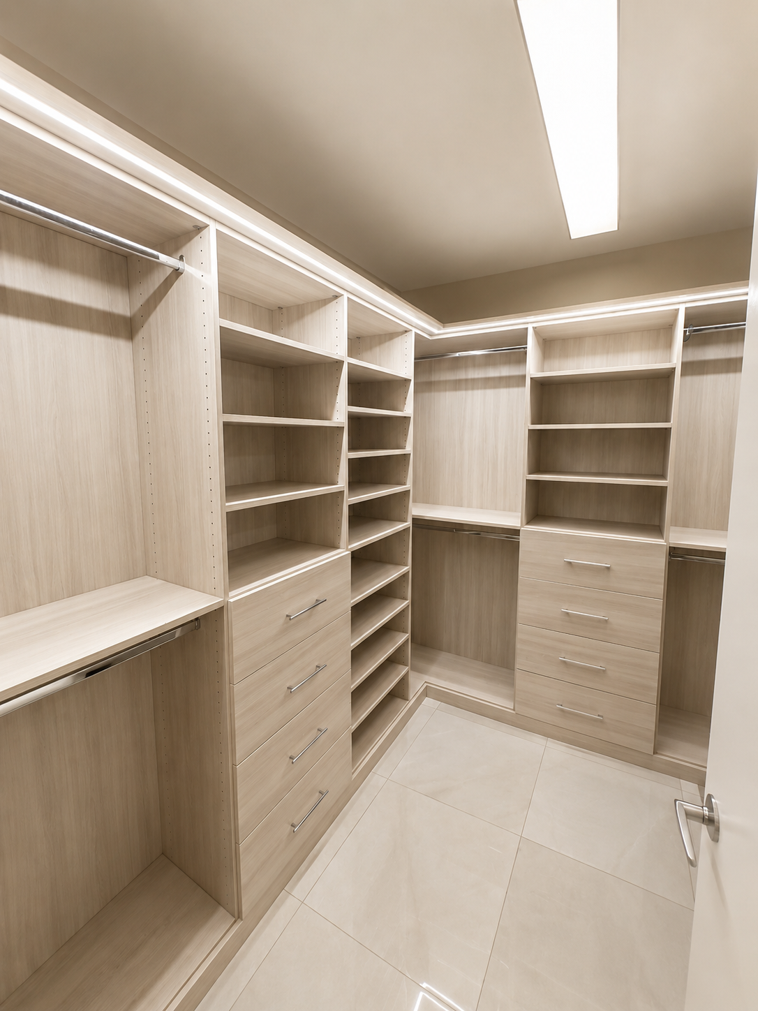 Custom walk-in closet with woodgrain shelving, drawers and LED cove lighting