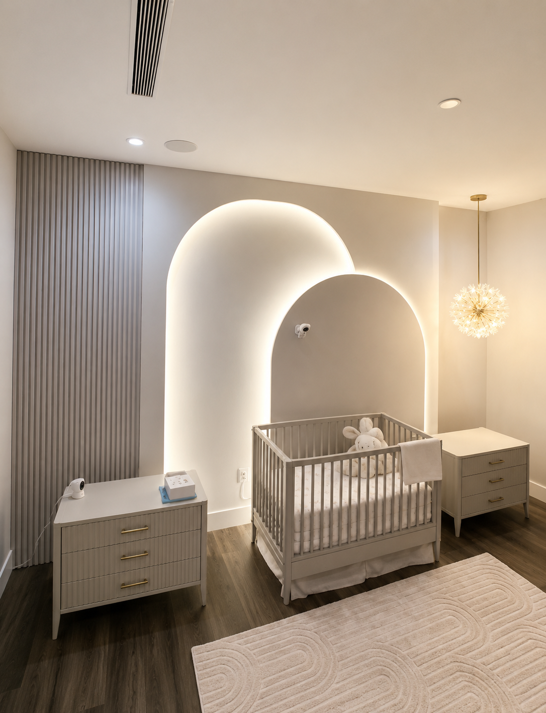 Nursery with backlit arched niche, fluted wall panel and floral pendant