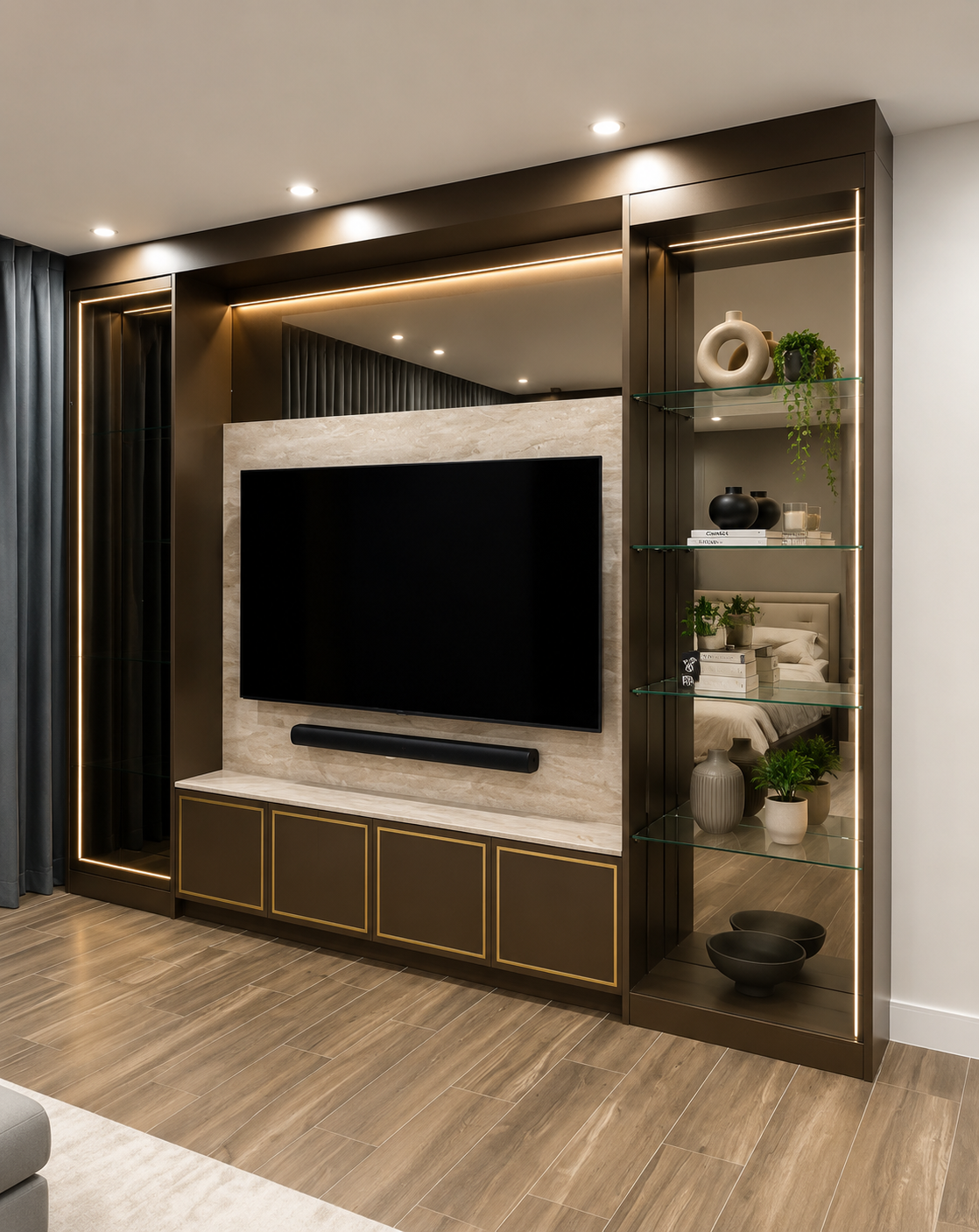 Bronze-framed media wall with travertine surround, glass display shelves and integrated LED cove lighting