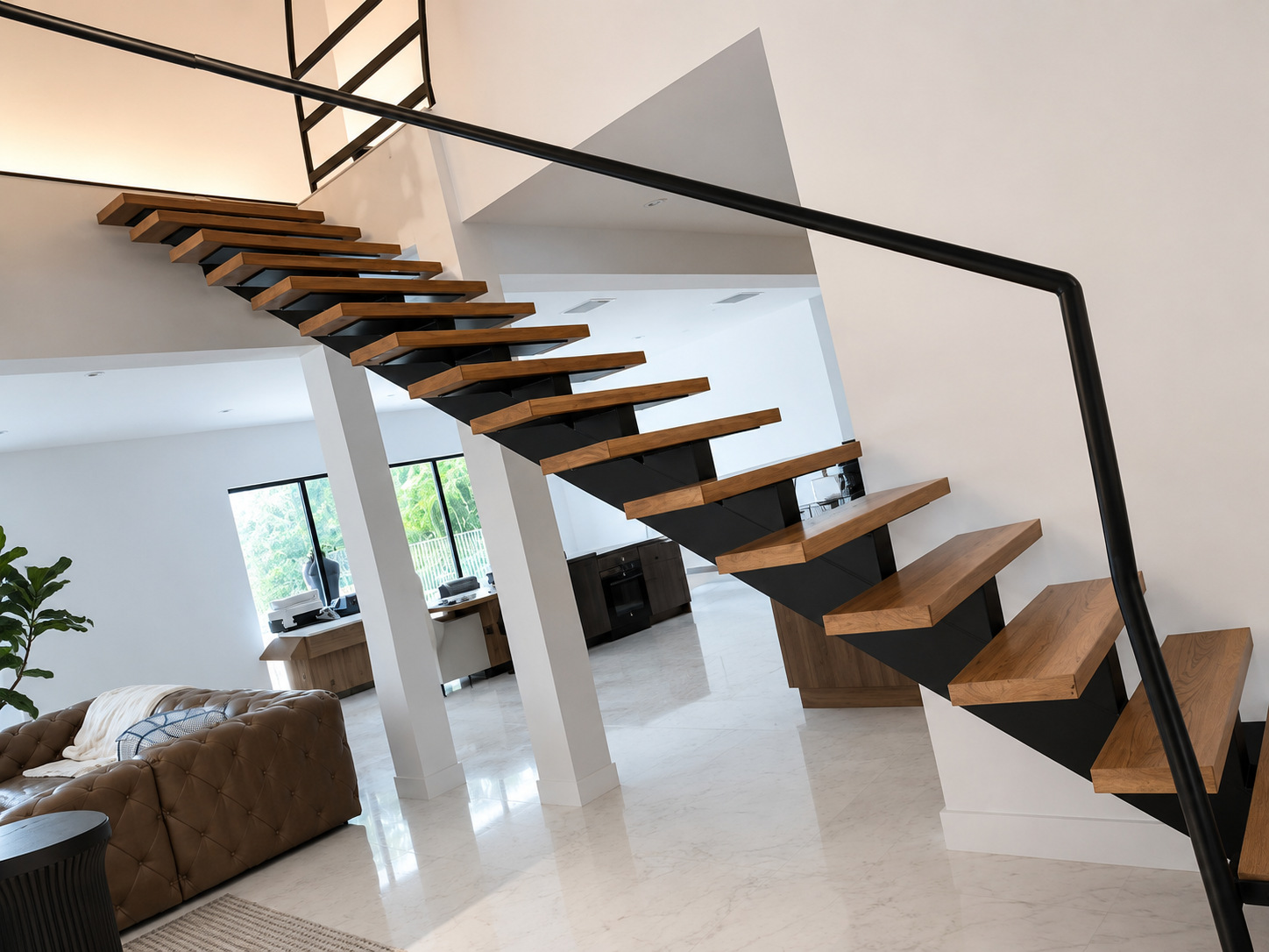 Floating cantilevered oak staircase with minimal steel handrail
