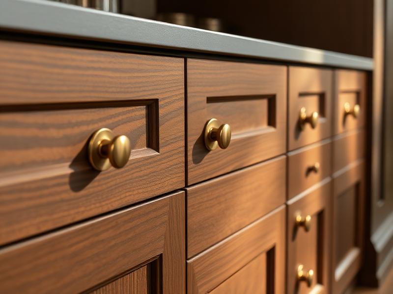 Dark oak kitchen drawers with brass hardware