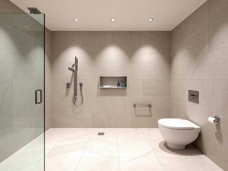 Large format limestone tiles in a minimalist wet room